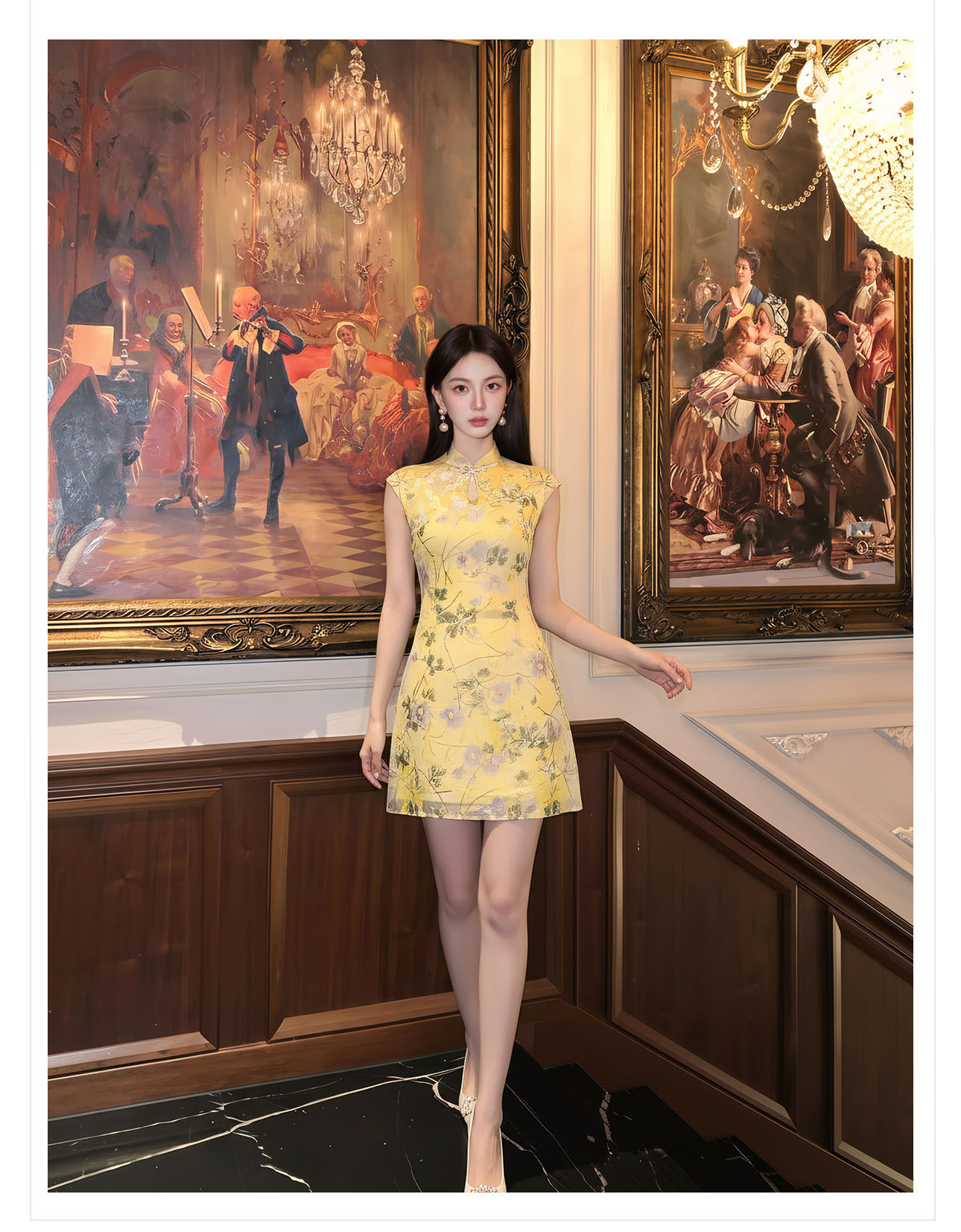 Đầm sườn xám cách tân họa tiết hoa văn nổi, thiết kế ôm eo thanh lịch — váy liền chi tiết 8
