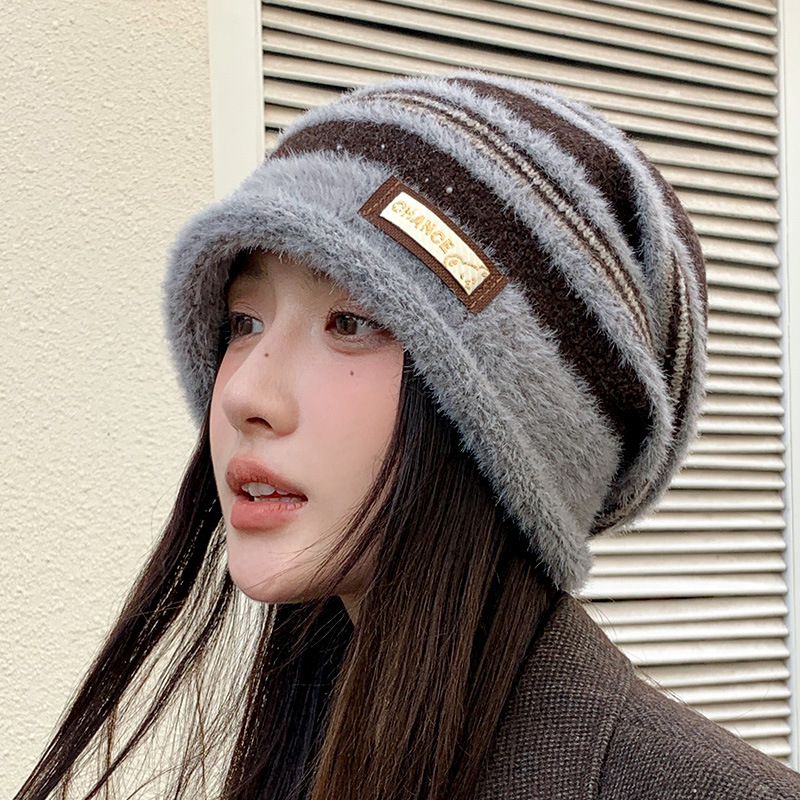 韩版秋冬帽子女款条纹针织帽大头围显脸小堆堆帽百搭保暖防风冷帽|undefined
