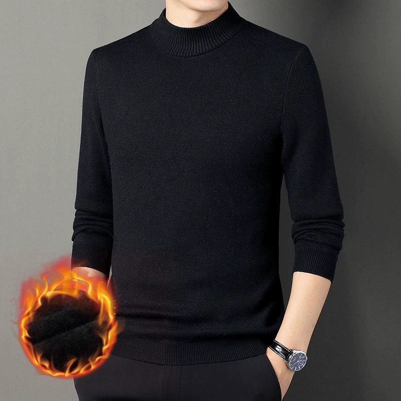 Knitted black sweater, fitted warm long-sleeve, high collar, round collar