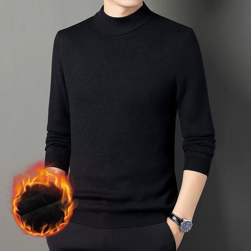 Knitted black sweater, fitted warm long-sleeve, high collar, round collar