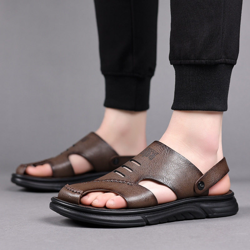 Dép sandal nam da bò thật mũi kín thoáng khí kiểu mới đi biển — Màu nâu 55530