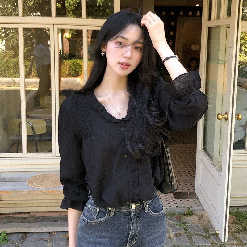Shipping from South Korea Dongdaemun Elegant Romantic Ruffled Pleated Bell Sleeve Shirt Casual Top