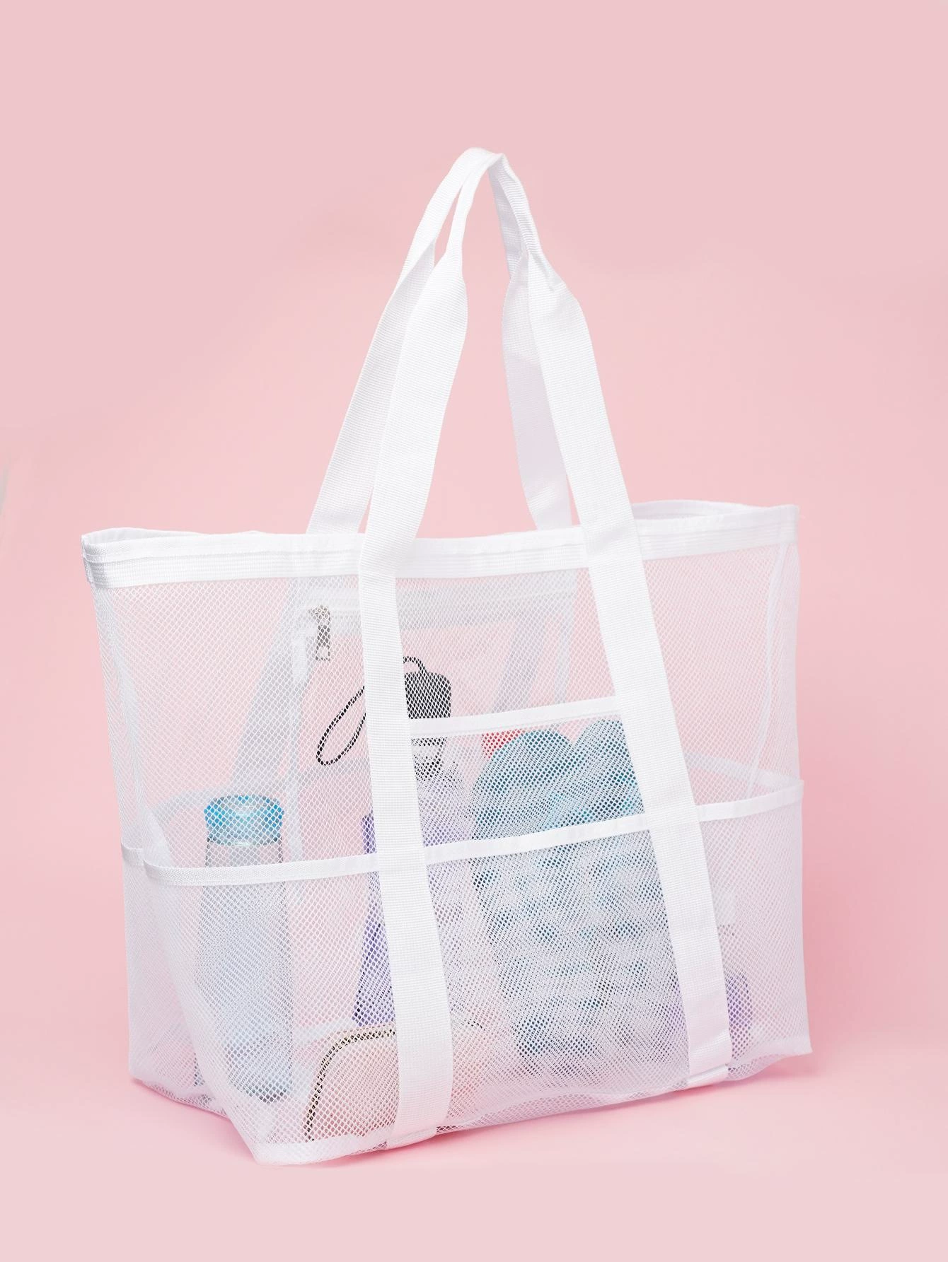 Beach Organizer Bag, capacious mesh tote, multi-pocket lightweight beach bag