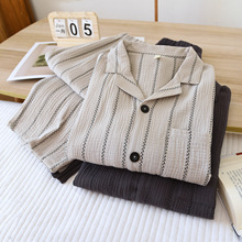 新款春秋冬季男士纯棉绉布开衫睡衣套装长袖长裤全棉家居服可外穿