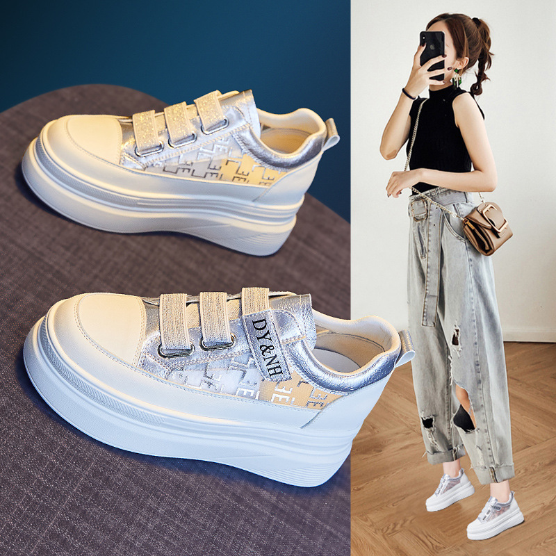 White Shoes for Women Summer New Breathable Mesh Shoes Velcro Genuine Leather Versatile Sports and Leisure Platform Shoes Comfortable