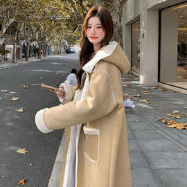 奶黄色羊羔毛外套女2024冬季中长款时尚加绒加厚保暖宽松棉服大衣