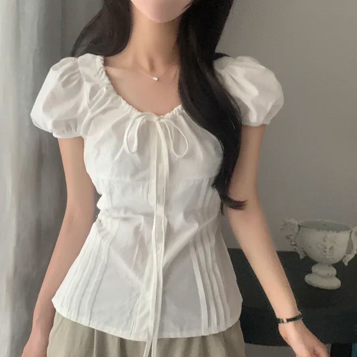 Korean Style Fashionable Design Lace-Up Versatile Shirt with Round Neck and Drawstring Waist, Elegant Solid Color Shirt for Women Korean Style Fashionable Design Lace-Up Versatile Shirt with Round Neck and Drawstring Waist, Elegant Solid Color Shirt for Women