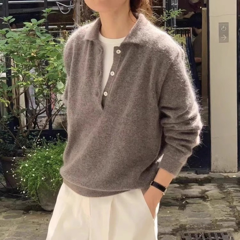 洋气百搭设计感女polo领套头秋冬新款宽松慵懒翻领针织羊毛衫上衣|undefined