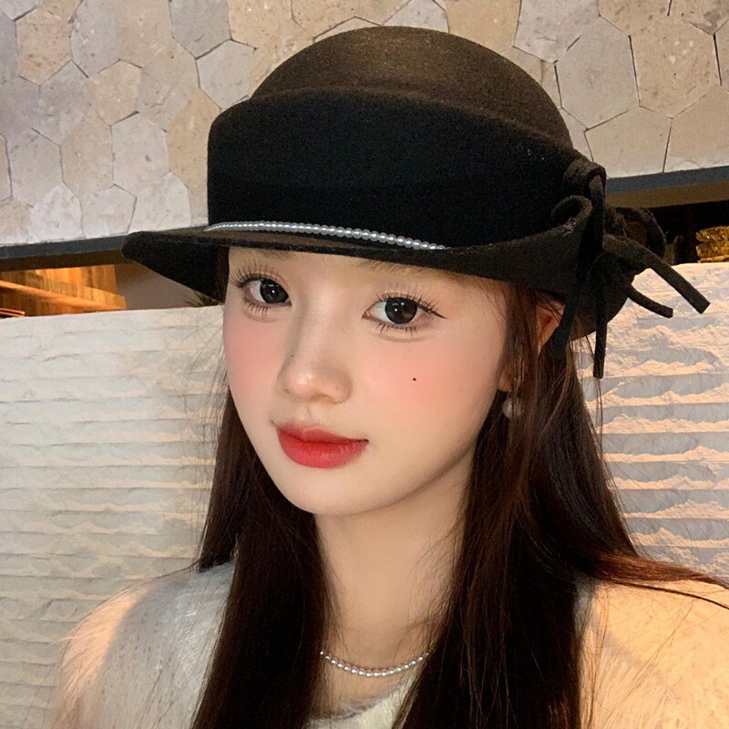 法式名媛风蝴蝶结优雅千金毛呢礼帽女赫本复古显脸小圆顶渔夫帽子|undefined