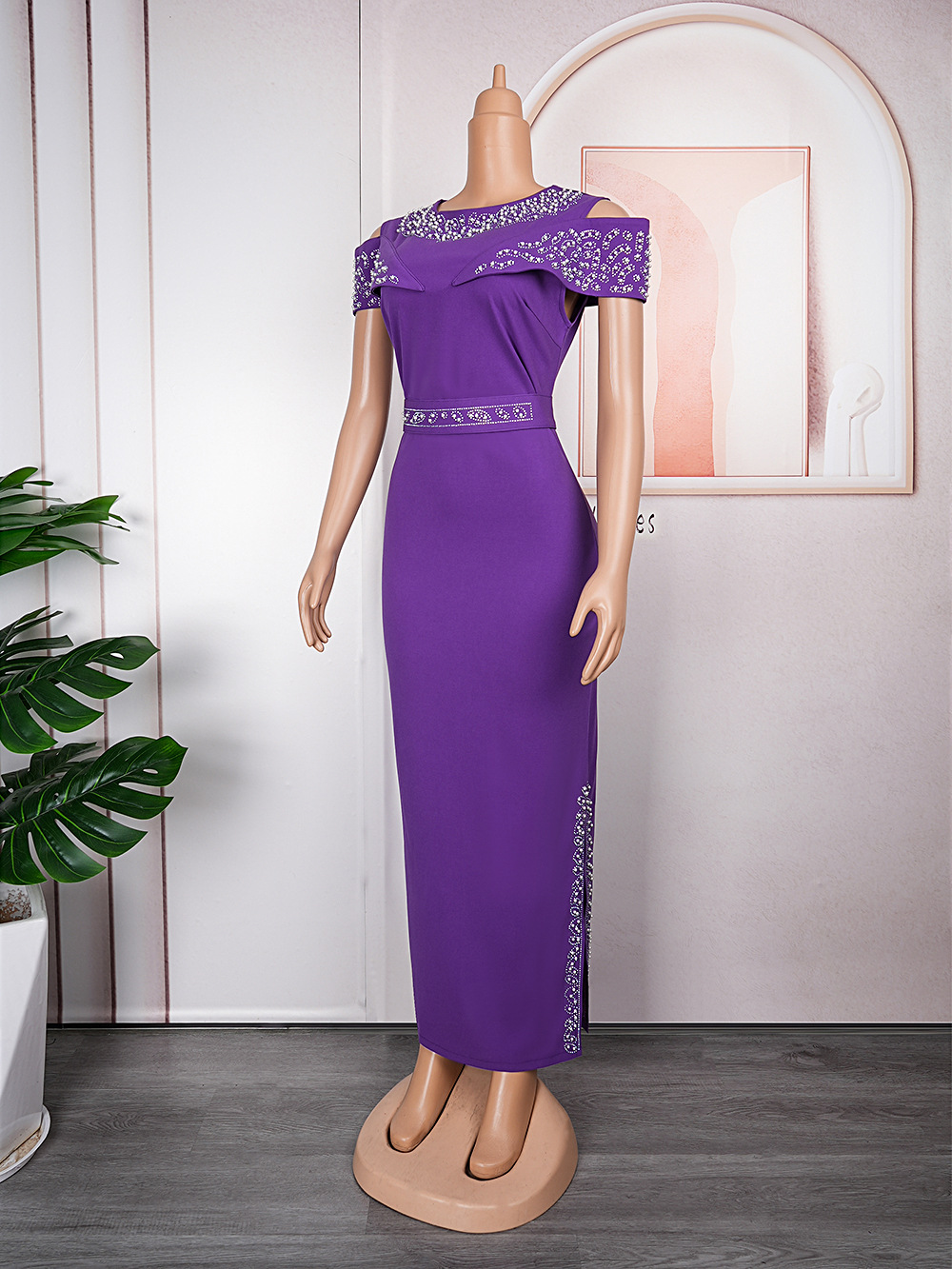 Elegante vestido largo ajustado con diseño de diamantes de imitación y mangas estilo capa: moda africana de talla grande para el trabajo y la noche._voghion.com
