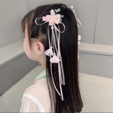儿童古风幻彩花朵流苏飘带发夹汉服超仙步摇对夹女童古装发饰批发