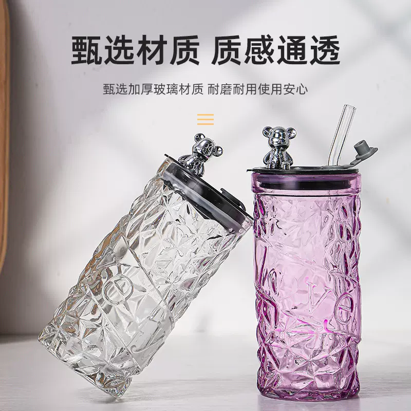 ins风高颜值开业活动礼品杯子钻石小熊吸管杯办公室大容量玻璃杯