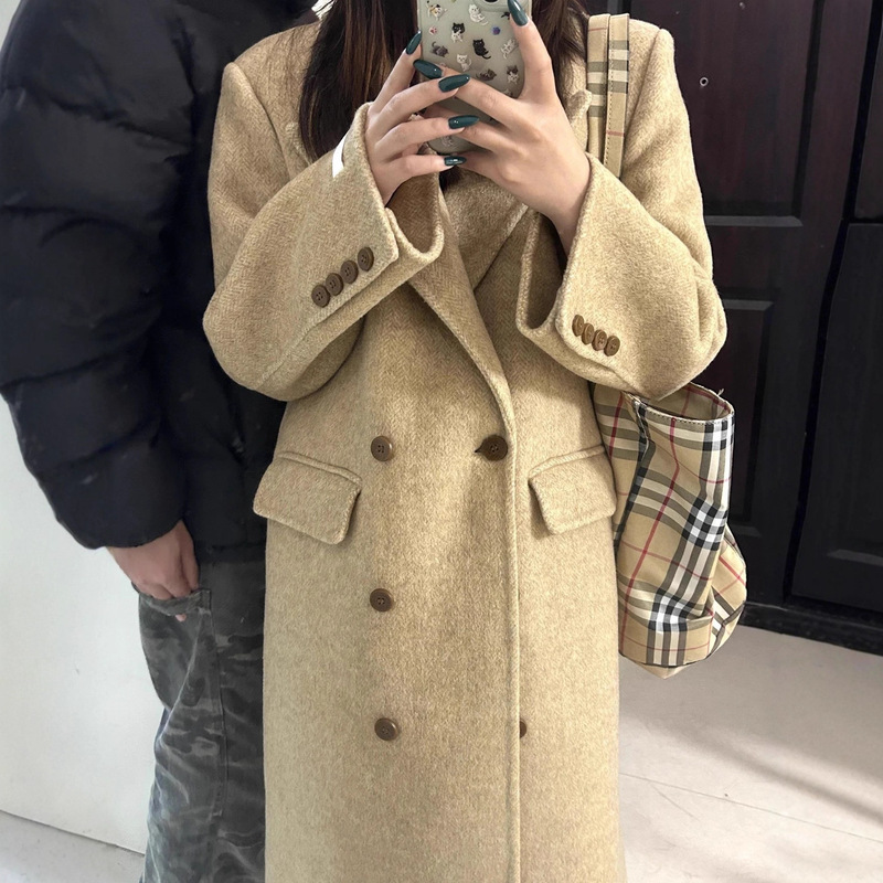 2025 New Herringbone Suit Collar Double-Sided Cashmere Outwear Women's Double-Breasted Knee-Length Slim Wool Outwear