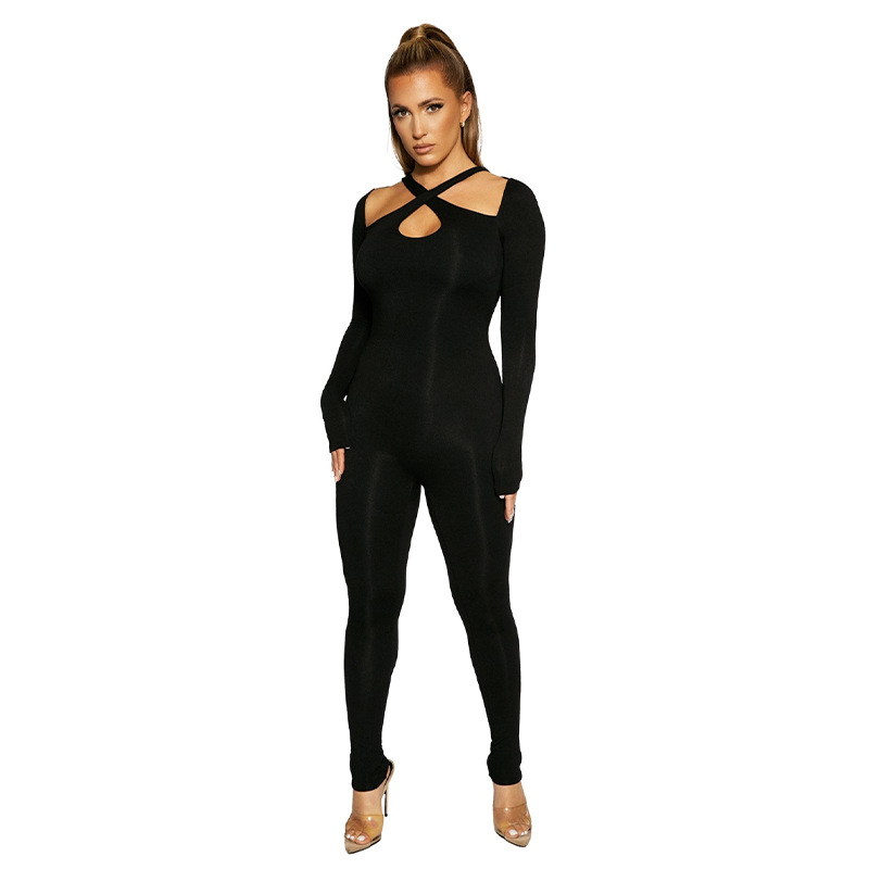 Hollow Slim Elastic Long Sleeve Solid Color Jumpsuit NSYOM114516