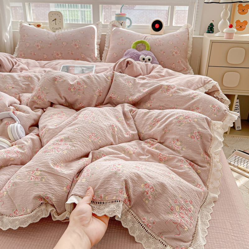 Un juego de cuatro piezas de cama de algodón puro de doble capa 2025 nuevo juego de sábanas de algodón de tres piezas de edredón dormitorio de estudiantes verano 4