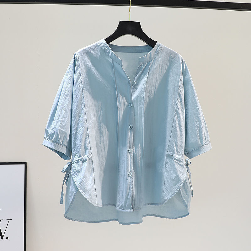 Light Blue Thin Cotton Shirt Women's Side Slit Short Front and Long Back Five-quarter Sleeve Shirt Top