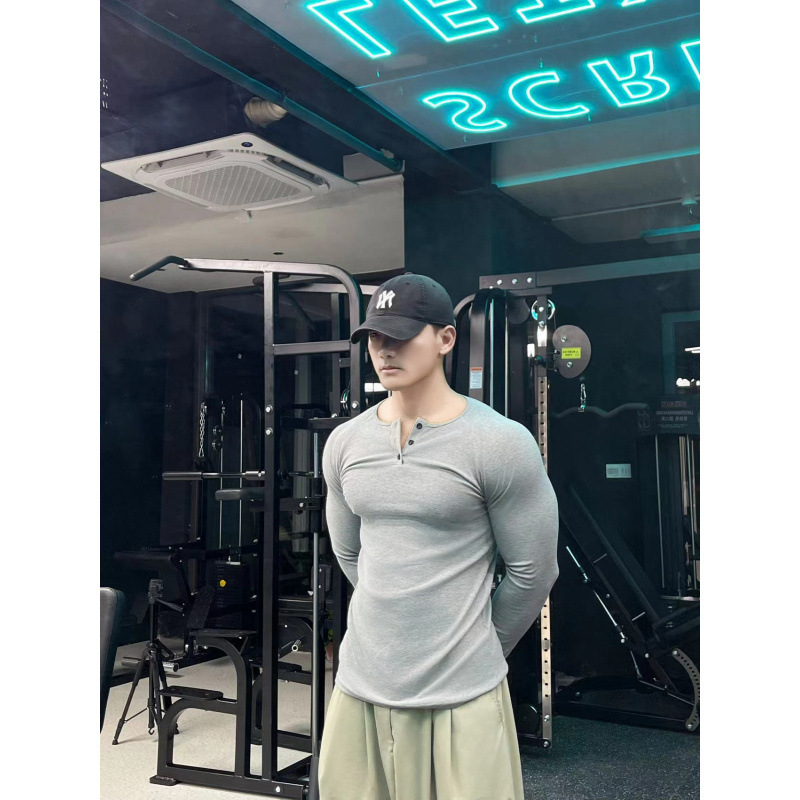Henry Shirt American-Style Ribbed Cotton Vintage Long-Sleeve Amekaji Men's Raglan Fitness Henley Collar T-Shirt Sports Henry Shirt American-Style Ribbed Cotton Vintage Long-Sleeve Amekaji Men's Raglan Fitness Henley Collar T-Shirt Sports