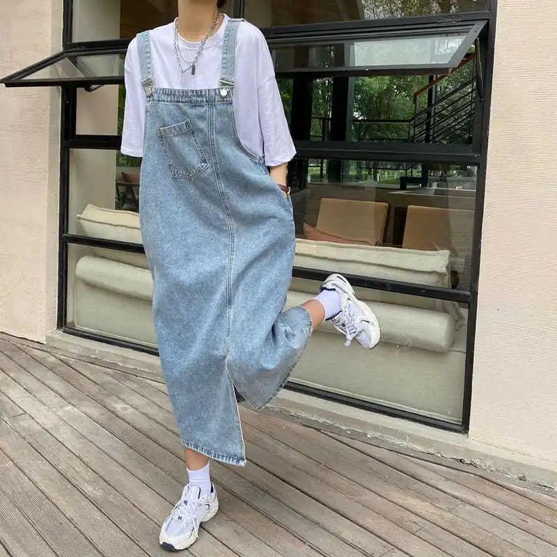 Spring and Summer Denim Overall Skirt Women's Sleeveless Jeans Dress Fashion Women's Solid Color Non-Slip Casual Loose Italian