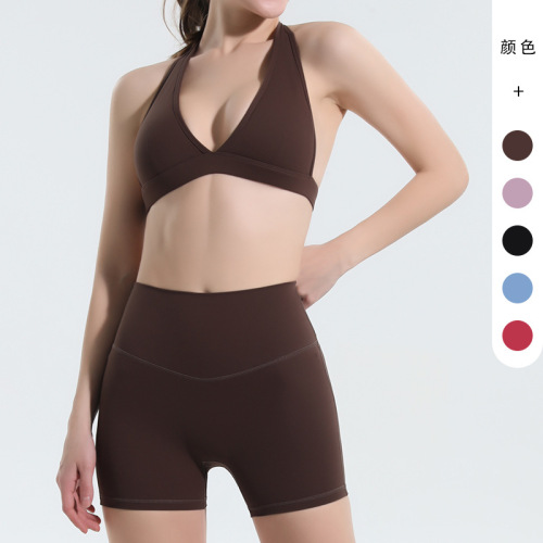 European and American halterneck sports bra for women, high-waisted tummy-tightening butt-lifting pants, summer quick-drying yoga clothes with chest pads, wholesale