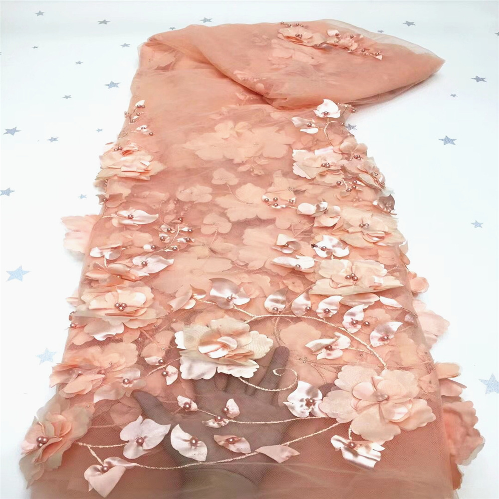 3D bordado tela de malla hecha a mano con cuentas tridimensional bordado tela primavera y verano ropa vestido de tela en stock venta al por mayor