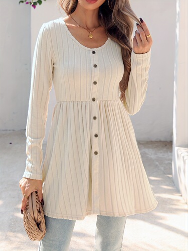 New spring and summer solid color crew collar, long-sleeved, single-breasted, ribbed casual T-shirt