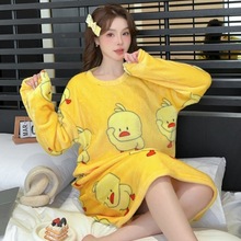 冬季睡衣裙女外贸ins毛绒新款加厚珊瑚绒秋冬睡裙女长款卡通宽松