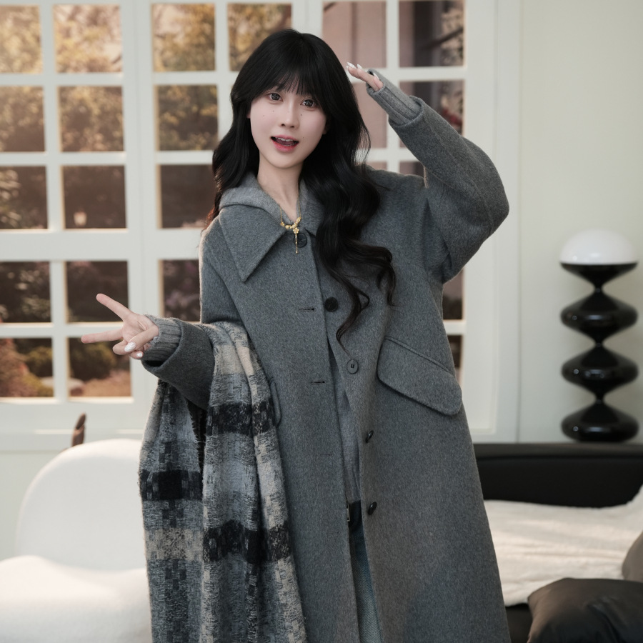 양면 울 수제 한국 스타일 코트, 캐주얼하고 여유로운 루즈핏, 봄, 가을, 겨울용 중간 길이, 다용도, 편안하고 세련된 디자인