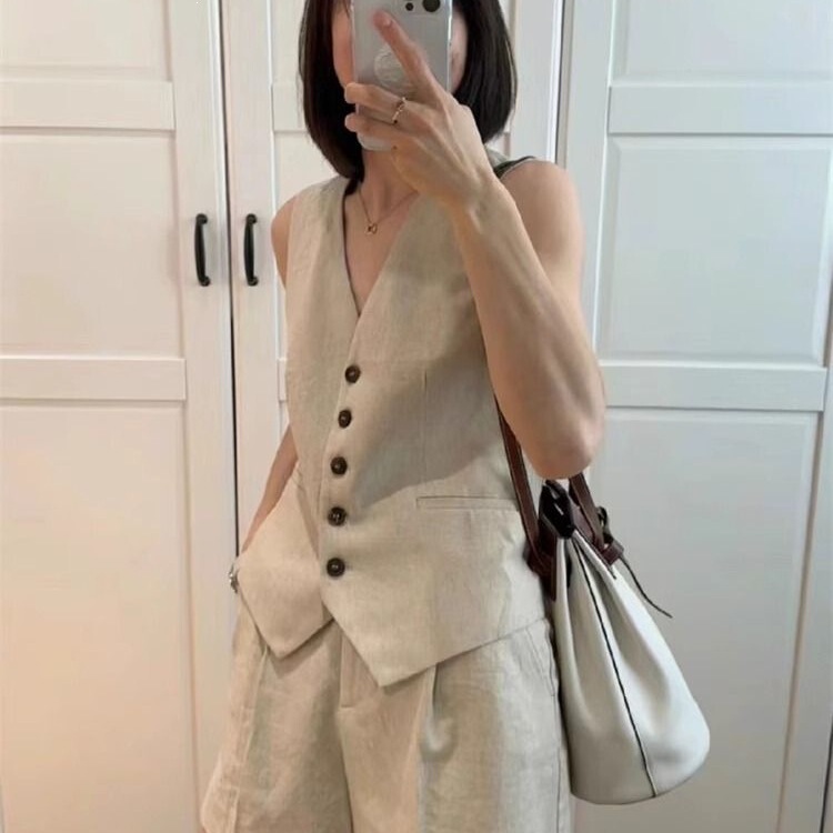 Linen Vest and Shorts Set for Women, Two-Piece Set, 2026 Summer New Style, Elegant Sleeveless Cotton and Linen Suit Vest Jacket