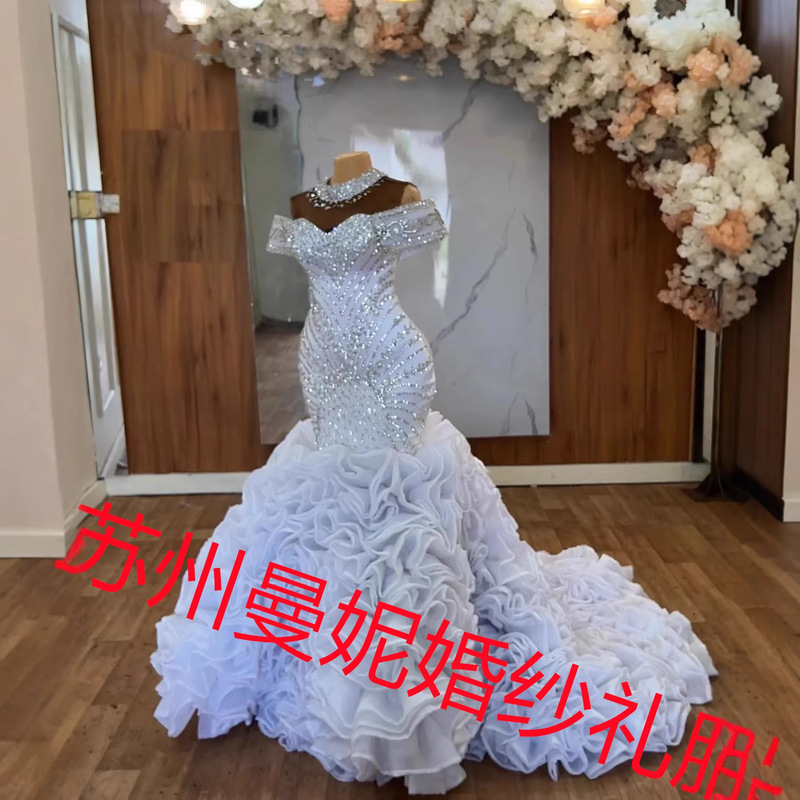 Amazon's New Foreign Trade Wedding Dress African Cross-Border Bride's One-Shoulder Rhinestone Mermaid Wedding Dress Amazon's New Foreign Trade Wedding Dress African Cross-Border Bride's One-Shoulder Rhinestone Mermaid Wedding Dress