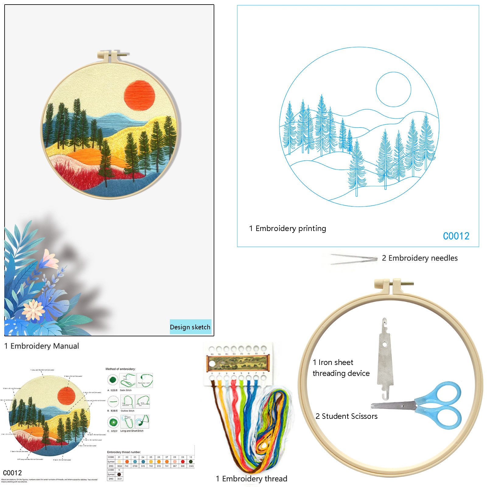 Bordado transfronterizo de nuevos productos, combinación de paisaje, sol y luna, bordado de paisaje hermoso, paquete de material para principiantes, bordado de fábrica