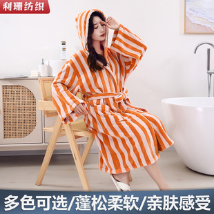 Long-Sleeved Bathrobe Coral Velvet Adult Soft Absorbent Cloak Bathrobe Striped Home Hooded Bathrobe Home Clothes Wholesale
