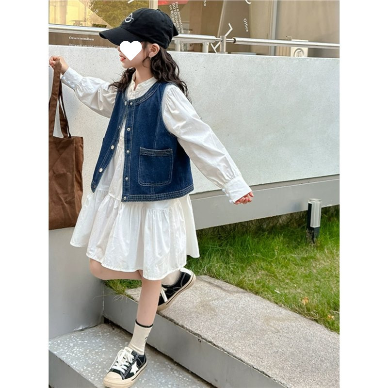 牛仔马甲连衣裙两件套女童春秋新款韩版宽松甜美风长袖衬衫裙洋气