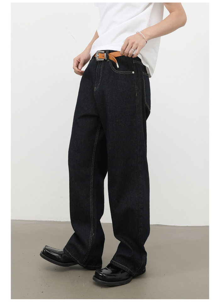 Quần jean nam ống rộng lưng giữa form suông thoải mái phong cách cơ bản — Denim đen, màu xanh denim chi tiết 20