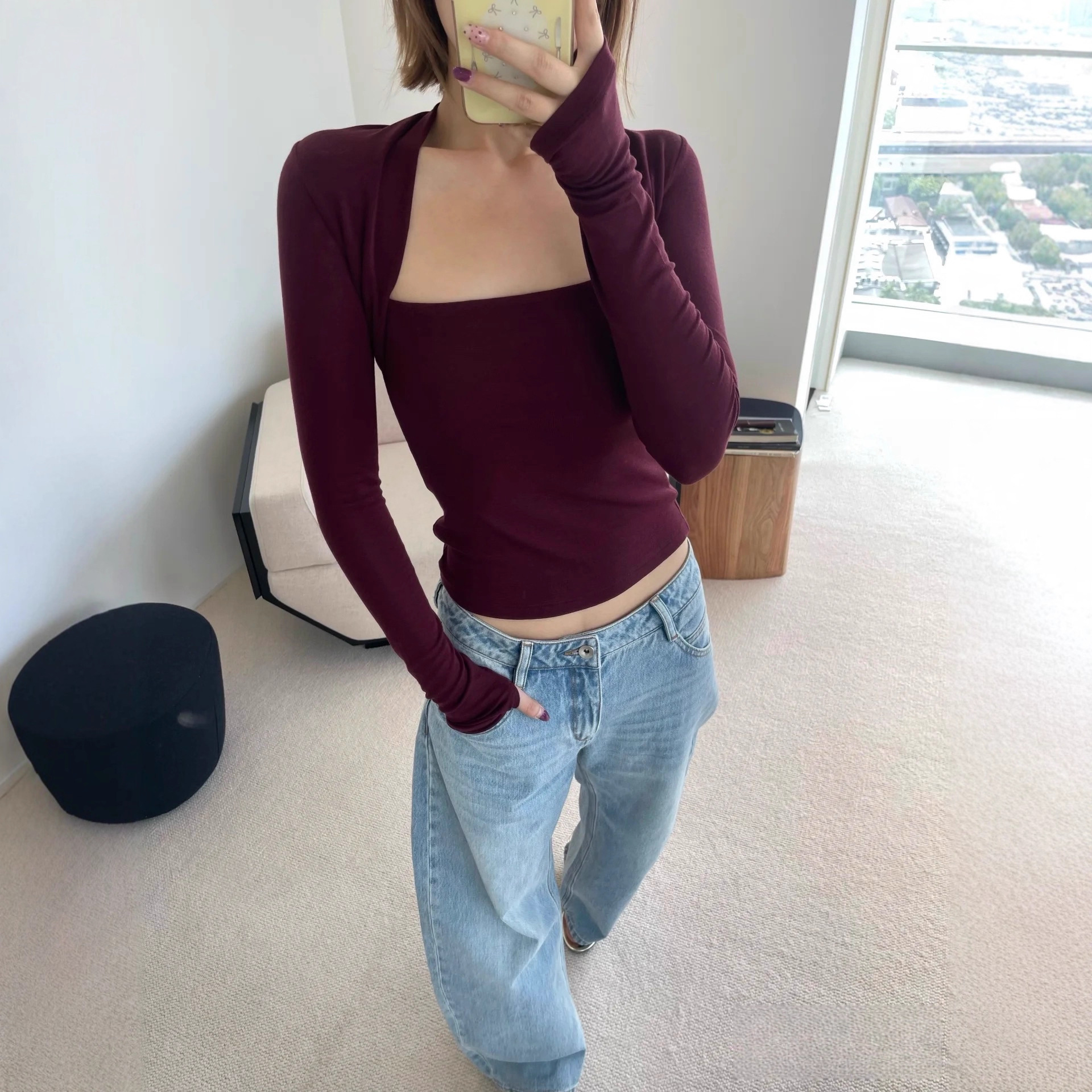 In-Stock High-End Tencel Wool Spicy Girl Niche Design Shawl Fake Two-Piece Top Slim Waist Long-Sleeve Women's Clothing