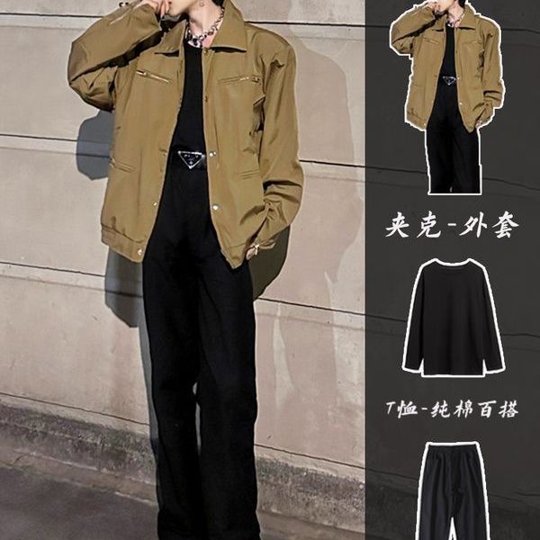 (three-piece set) khaki jacket + black t-shirt + black pants