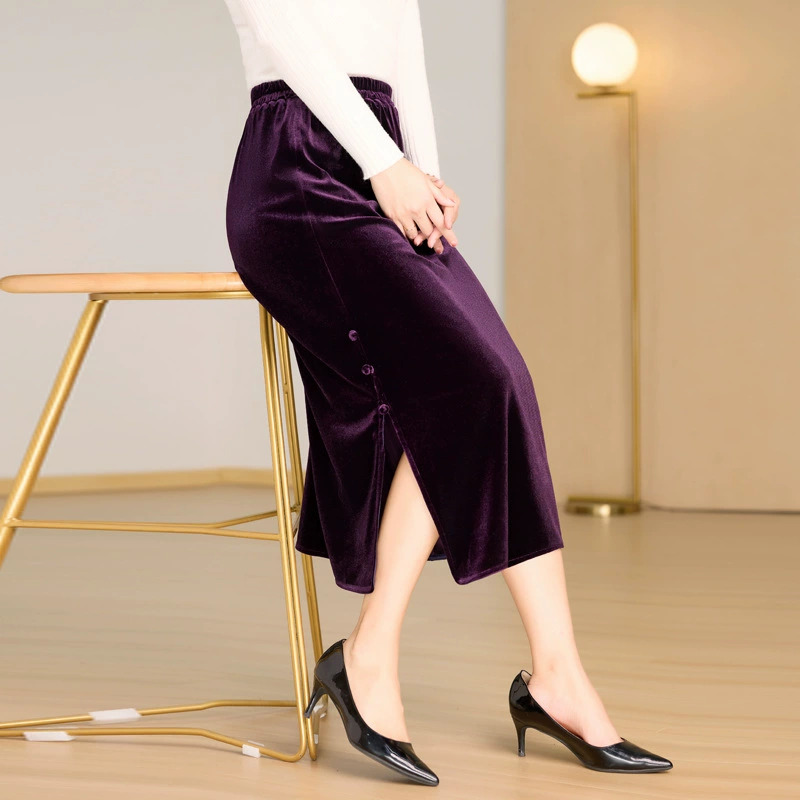 Весенне-осенняя Женская бархатная юбка, Женская юбка среднего возраста с эластичной талией и разрезом, эластичная юбка