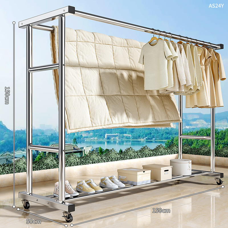 [더블폴 - 단층수납 150cm] 두꺼운 스테인레스 - 프리 메탈바퀴