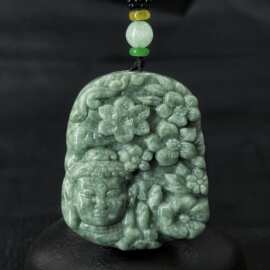 天然a货翡翠豆绿人物山水牌冰种吊坠挂件男女款玉佩四会玉器批发