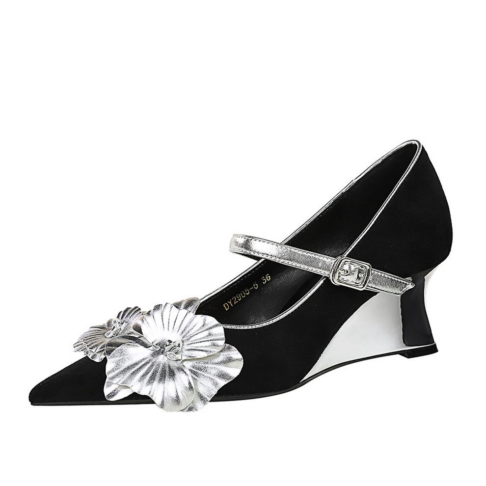 2905-H75 European And American Style Floral Color Block Metal Wedge Shoes Suede Strap Pointed Toe Shallow Mouth High_vogvips.com