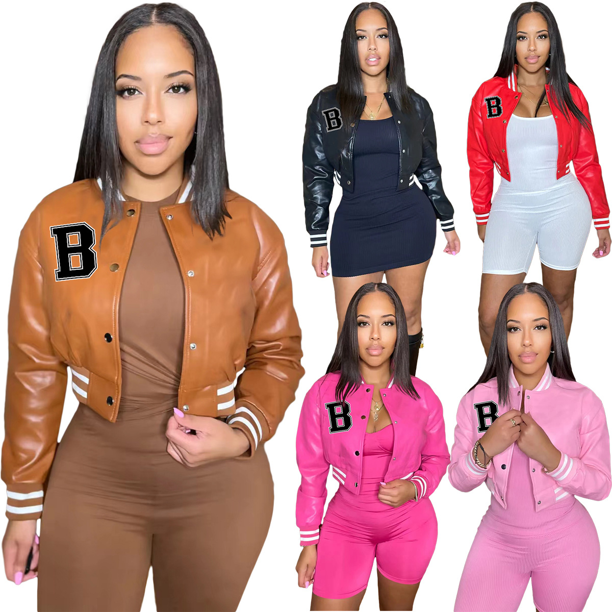 499236 Amazon Autumn and Winter New Women Colorblock Thread Leather Baseball Suit Coat Top