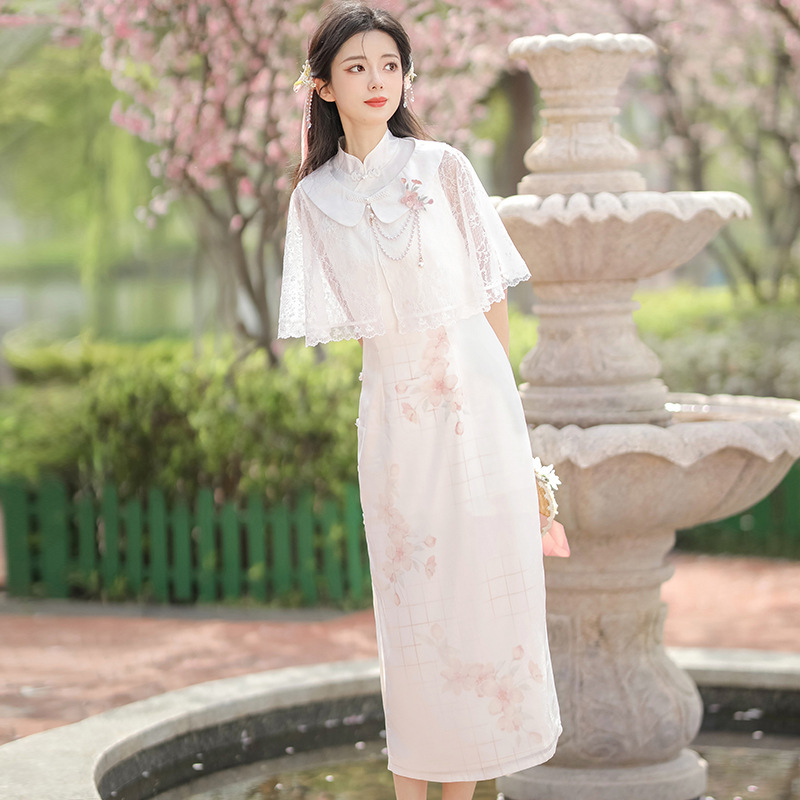 Diseño original de nuevo estilo de cara de flor de melocotón estilo chino retro diario elemento Han mejorado conjunto de cheongsam 8631