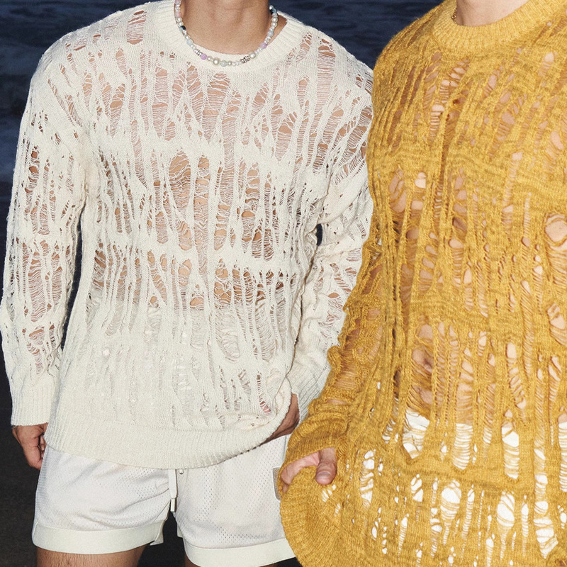 Lazy Wabi-Sabi Style Hollow Knit Sweater for Men, Sheer Loose Long-Sleeve Pullover with Mesh Tassels and Distressed Sweatshirt Trendy
