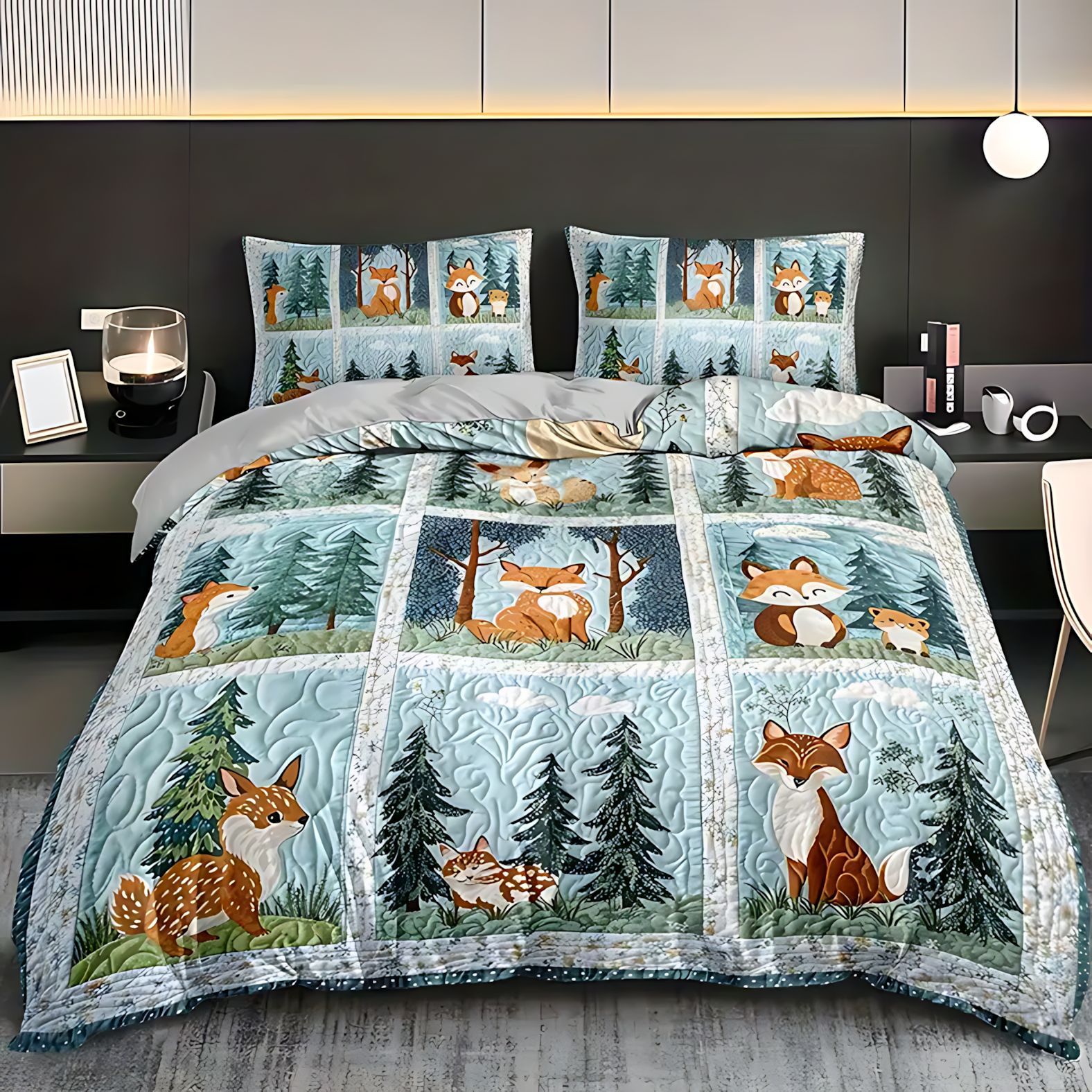 TEMU / JIT nuevos productos transfronterizos de animales forestales impresión digital 3D tela de tela suave abrasiva colcha con colcha de almohada conjunto