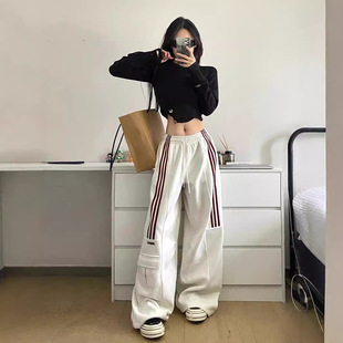 Design Sense Three Bar Overalls Women's Spring and Autumn American Style Retro Casual Sports Pants High Waist Loose Wide Leg Pants