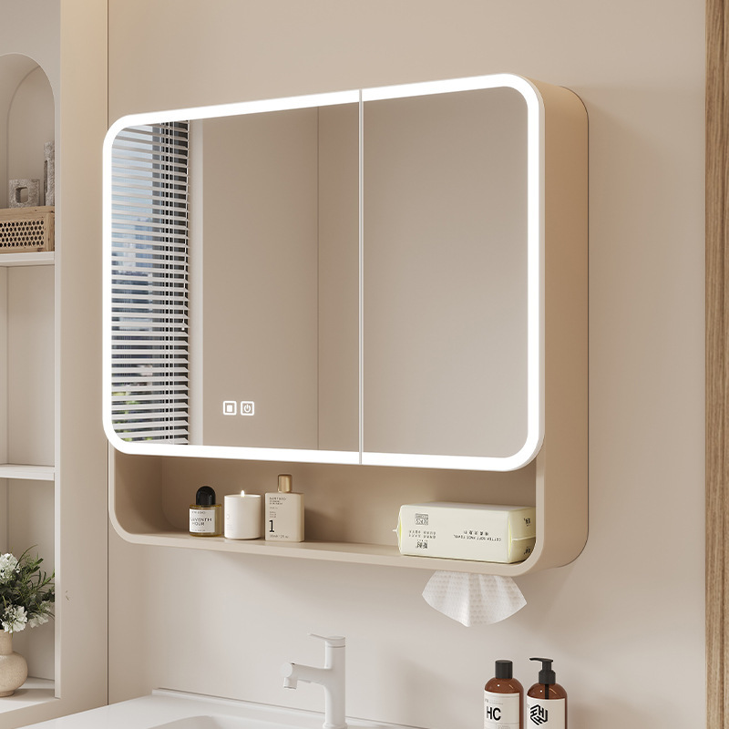 Space aluminum rounded-corner smart bathroom mirror cabinet with LED anti-fog feature, wall-mounted smart bathroom cabinet for makeup storage Space aluminum rounded-corner smart bathroom mirror cabinet with LED anti-fog feature, wall-mounted smart bathroom cabinet for makeup storage