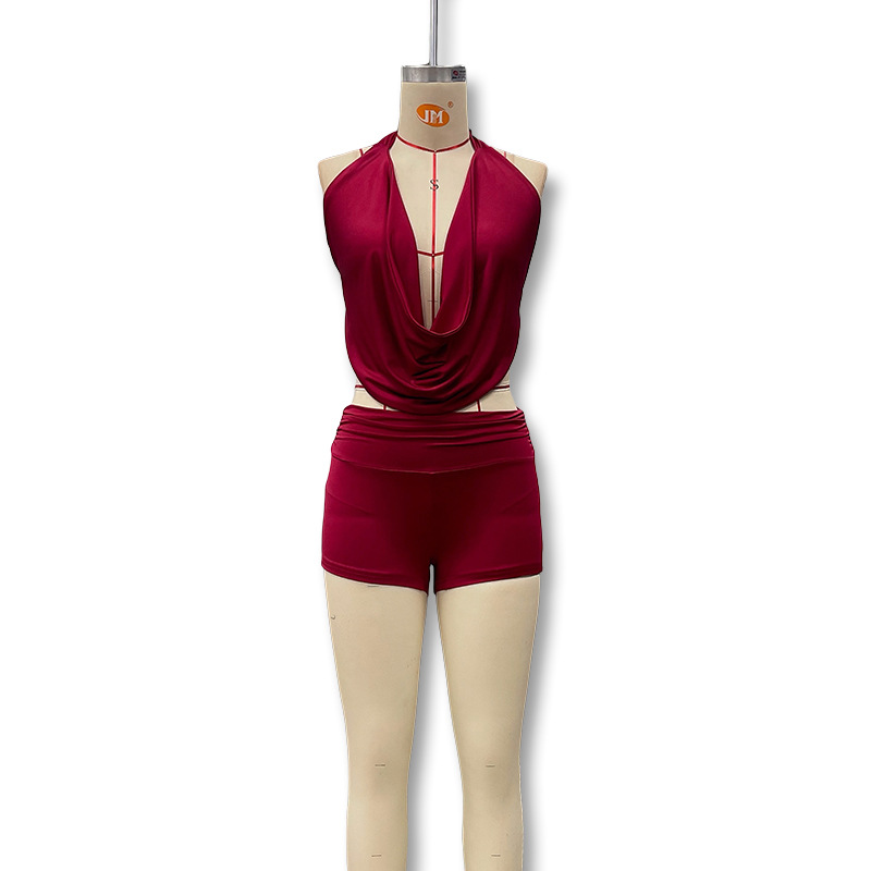 Transfronterizo Europa y América 2025 verano nuevo estilo sexy cuello ondulado cuello halter cuerda sin espalda top pantalones cortos traje de dos piezas mujer