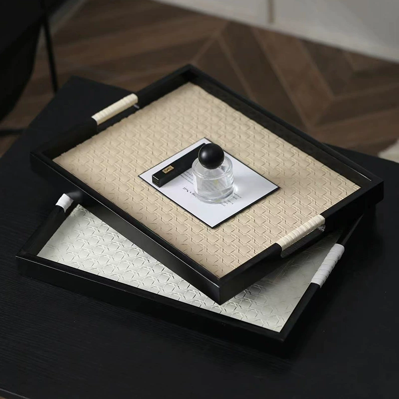 Винтажный кожаный деревянный поднос прямоугольная деревянная поднос для чая бизнес-ароматерапевтические поддоны для чайного столика для хранения стола оптом