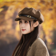 韩版新款时尚显脸小纯色皮扣八角帽子女秋冬季百搭英伦风画家帽