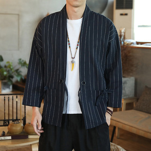 2024 Chinese style autumn new men's striped coat retro cardigan Chinese clothing a generation of hair