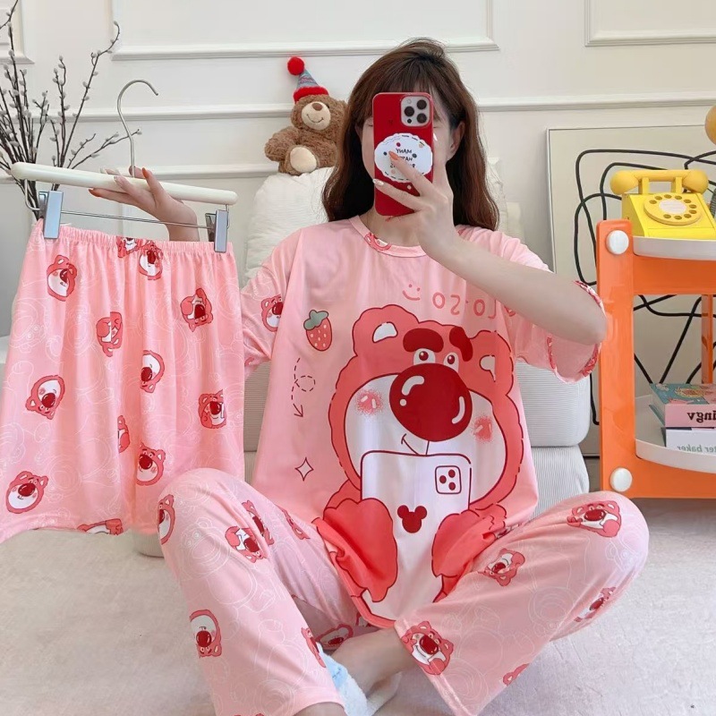 Pijamas de verano transfronterizos pijamas de leche de seda de tres piezas set de dibujos animados comercio exterior ropa para el hogar pantalones de mangas cortas lindos